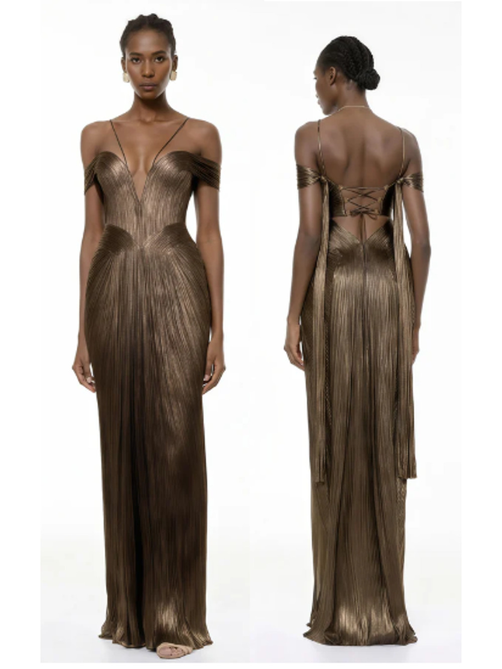 NWT Miss Rosier Marise Draped Satin Corset Metallic Maxi Dress Brown Large